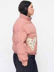 Stand Collar Gingham Lace Trim Heart Pocket Oversized Puffer Curve & Plus