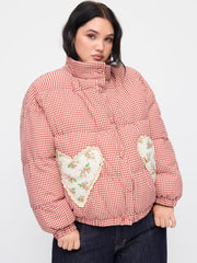Stand Collar Gingham Lace Trim Heart Pocket Oversized Puffer Curve & Plus