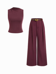 Cotton-blend Asymmetrical Neck Top & Mid Rise Wide Leg Trousers With Belt Set