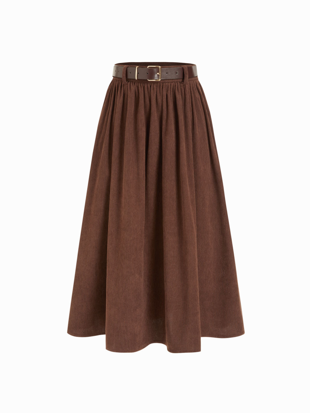 Corduroy Mid Rise Flared Maxi Skirt With Belt