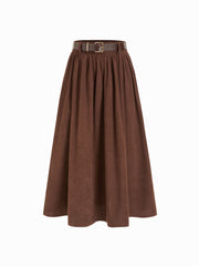Corduroy Mid Rise Flared Maxi Skirt With Belt