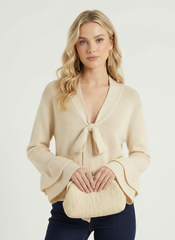 Wool-blend V-neck Ruffle Sleeve Bowknot Oversized Cardigan