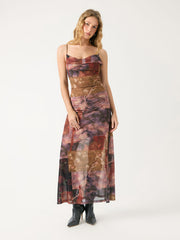 Chiffon Abstract Floral Cowl Neck Maxi Dress