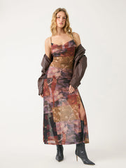Chiffon Abstract Floral Cowl Neck Maxi Dress
