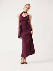 Jersey Cowl Neck Ruched Mermaid Maxi Dress With Scarf