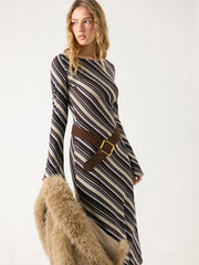 Boat Neck Bell Sleeve Striped Straight Maxi Dress