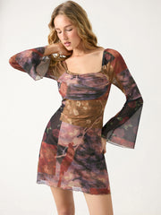 Mesh Bell Sleeve Patchwork Ruched Flared Mini Dress