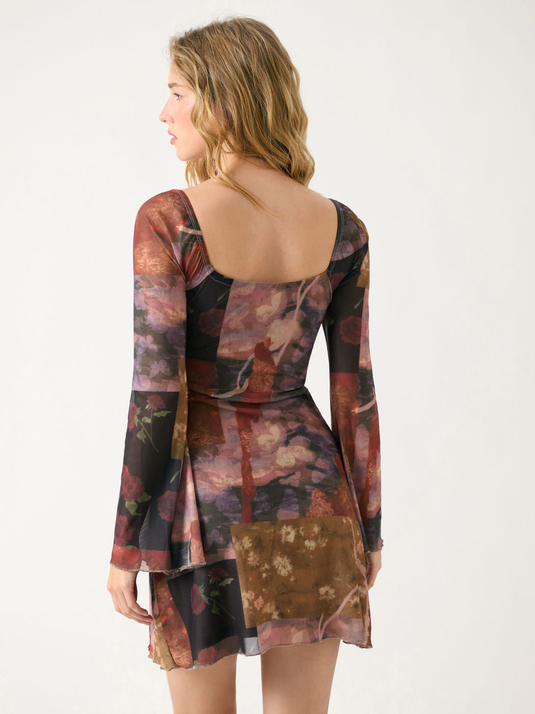 mesh flare sleeve mini dress Isobel Floral Mesh Bell Sleeve Mini Dress
