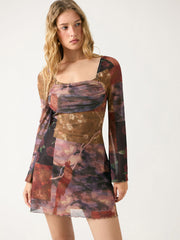 Mesh Bell Sleeve Patchwork Ruched Flared Mini Dress