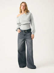 Cotton-blend Asymmetrical Neck Lace Up Lantern Sleeve Sweatshirt