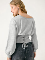Cotton-blend Asymmetrical Neck Lace Up Lantern Sleeve Sweatshirt