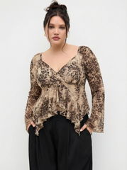 Velvet Sweetheart Neck Leopard Print Asymmetrical Ruffle Hem Top Curve & Plus