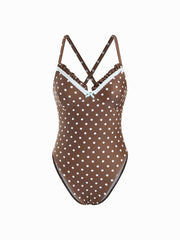 Shaping Polka Dot Lace Trim One-piece Swimsuit