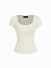 Jacquard Scoop Neck Lace Trim Pointelle Top