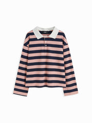 Cotton-blend Collar Striped Long Sleeve Oversized Tee
