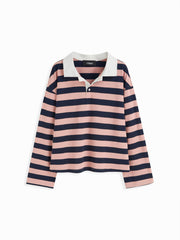 Cotton-blend Collar Striped Long Sleeve Oversized Tee