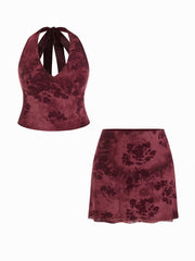 Halter Neckline Floral Tie Back Top & Mid Rise Mini Skirt Set Curve & Plus
