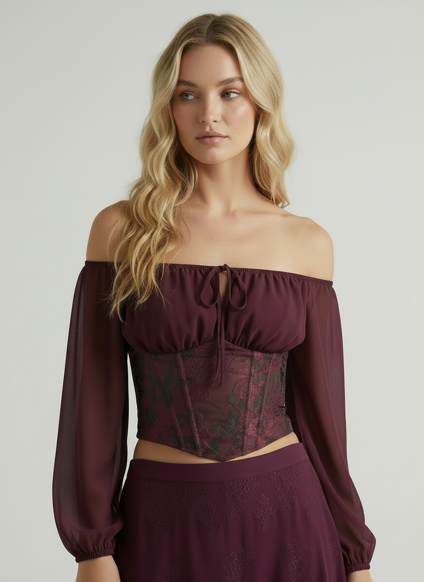 Jacquard Off-shoulder Long Sleeve Knotted Lace Up Corset Blouse