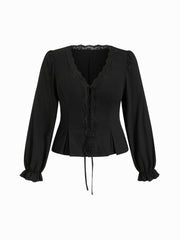 V-neck Lace Trim Blouse Curve & Plus