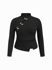 High Neck Asymmetrical Metal Detail Ruched Top Curve & Plus
