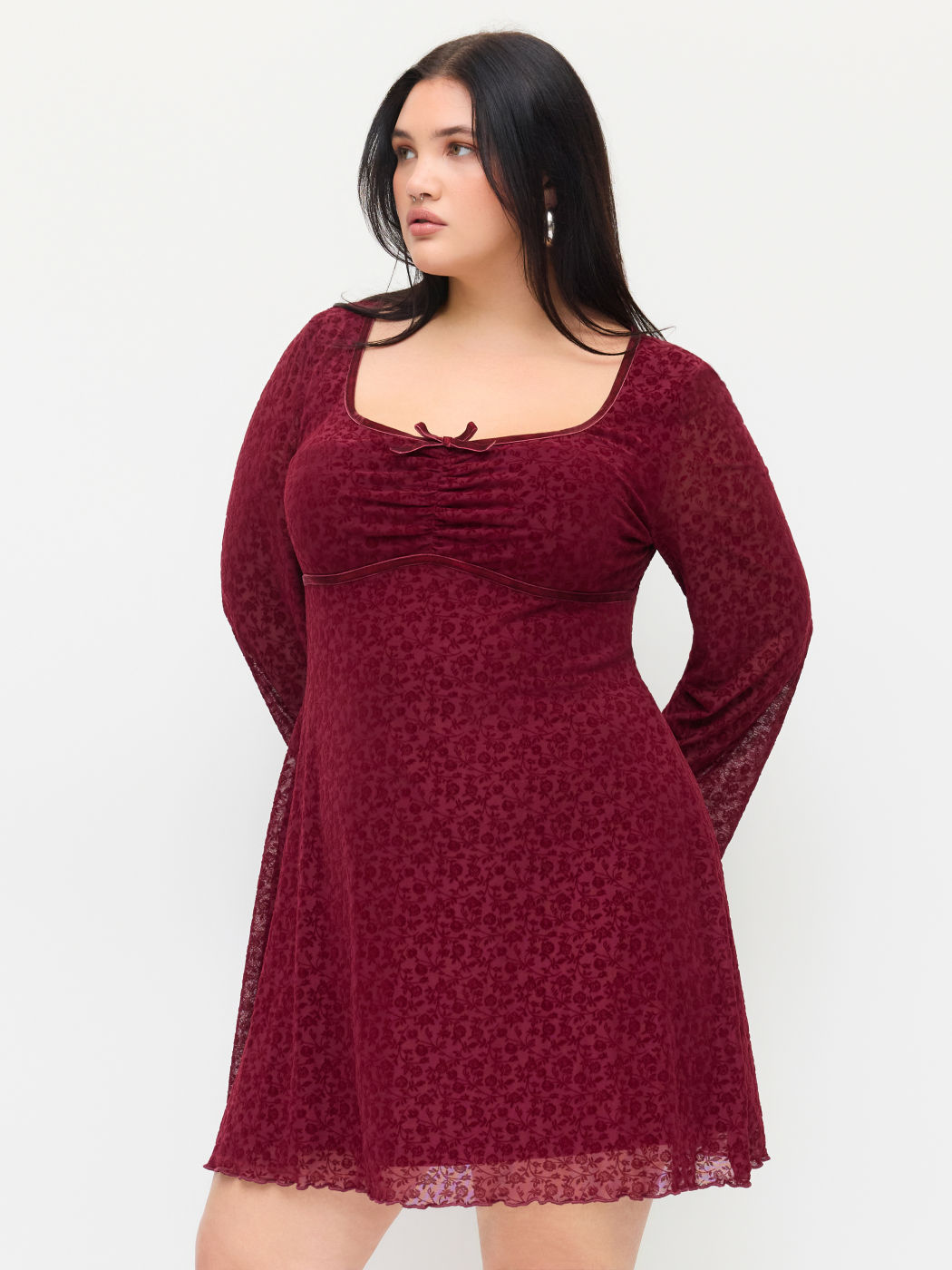 Velvet Floral Sweetheart Bell Sleeve Bowknot Ruffled Mini Dress Curve & Plus