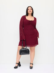 Velvet Floral Sweetheart Bell Sleeve Bowknot Ruffled Mini Dress Curve & Plus
