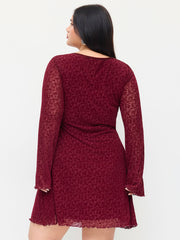 Velvet Floral Sweetheart Bell Sleeve Bowknot Ruffled Mini Dress Curve & Plus