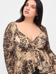 Velvet Sweetheart Neck Leopard Print Asymmetrical Ruffle Hem Top Curve & Plus
