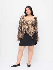 Velvet Sweetheart Neck Leopard Print Asymmetrical Ruffle Hem Top Curve & Plus