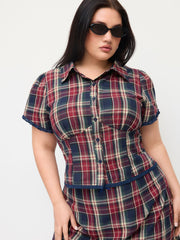 Cotton Plaid Blouse & Lace Trim Bowknot Mini Skirt Set Curve & Plus
