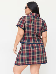 Cotton Plaid Blouse & Lace Trim Bowknot Mini Skirt Set Curve & Plus