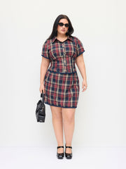 Cotton Plaid Blouse & Lace Trim Bowknot Mini Skirt Set Curve & Plus