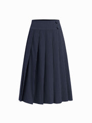 High Rise Striped Pleated Zipper Midi Skirt