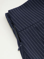 High Rise Striped Pleated Zipper Midi Skirt