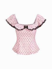 Heart Square Neck Lace Trim Bowknot Shirred Blouse