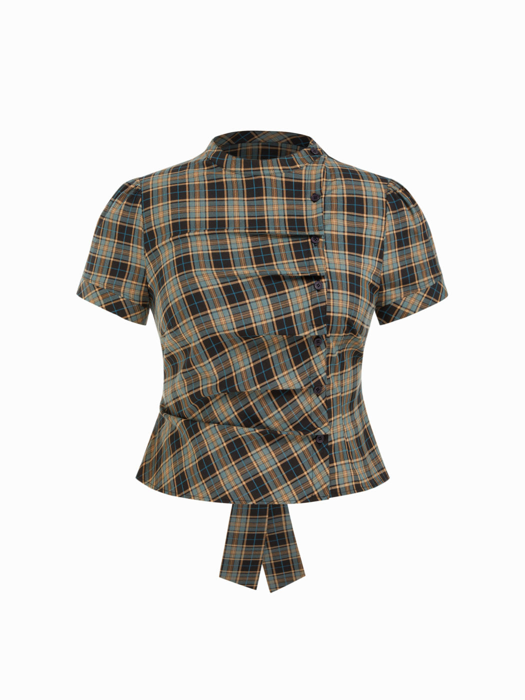 Plaid Stand Collar Puff Sleeve Tie Back Button Blouse Curve & Plus