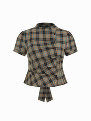 Plaid Stand Collar Puff Sleeve Tie Back Button Blouse Curve & Plus