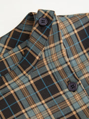 Plaid Stand Collar Puff Sleeve Tie Back Button Blouse Curve & Plus
