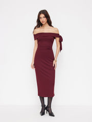 Asymmetrical Neck Mid Rise Bowknot Midi Bobycon Dress
