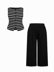 Striped Split Tank Top & Mid Rise Straight Leg Trousers Set Curve & Plus