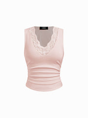 Cotton-blend V-neck Ruched Lace Trim Tank Top