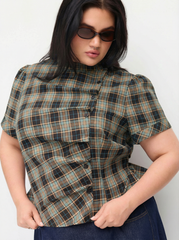 Plaid Stand Collar Puff Sleeve Tie Back Button Blouse Curve & Plus