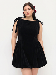 Velvet Boat Neck Bowknot Bubble Hem Mini Dress Curve & Plus