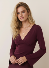 V-neck Solid Tie Back Bell Sleeve Top