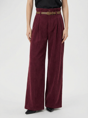 Corduroy High Rise Solid Pleated Wide Leg Trousers With Belt