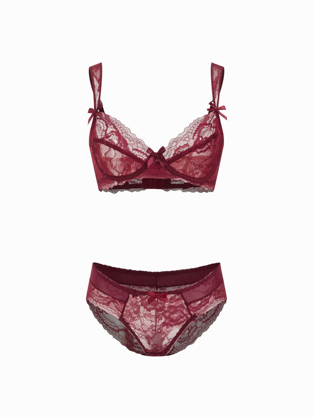 Burgundy Lace Back Closure Underwire & Mid Rise Lace Boyshorts Set