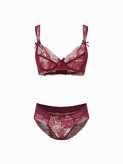 Burgundy Lace Back Closure Underwire & Mid Rise Lace Boyshorts Set