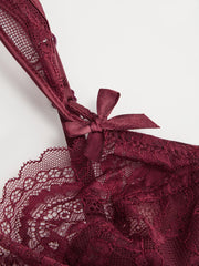 Burgundy Lace Back Closure Underwire & Mid Rise Lace Boyshorts Set