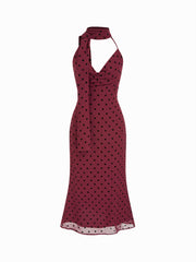 Chiffon Halter Neck Polka Dot Wrap Maxi Dress