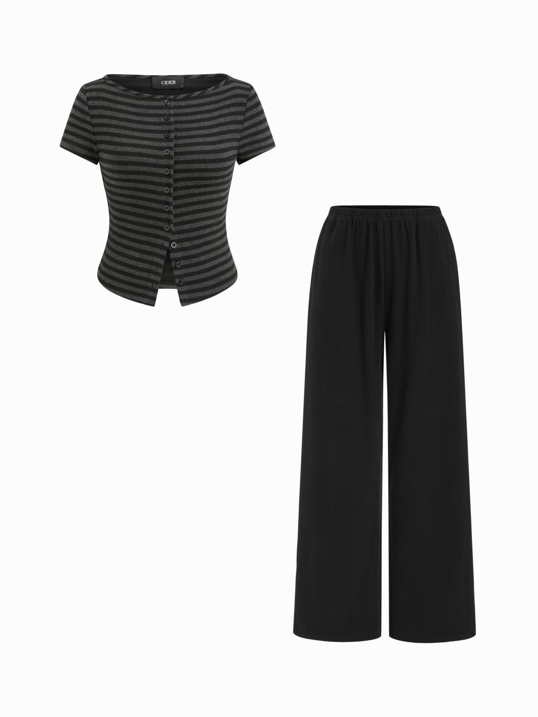 Striped Boat Neck Top & Mid Rise Straight Leg Trousers Set